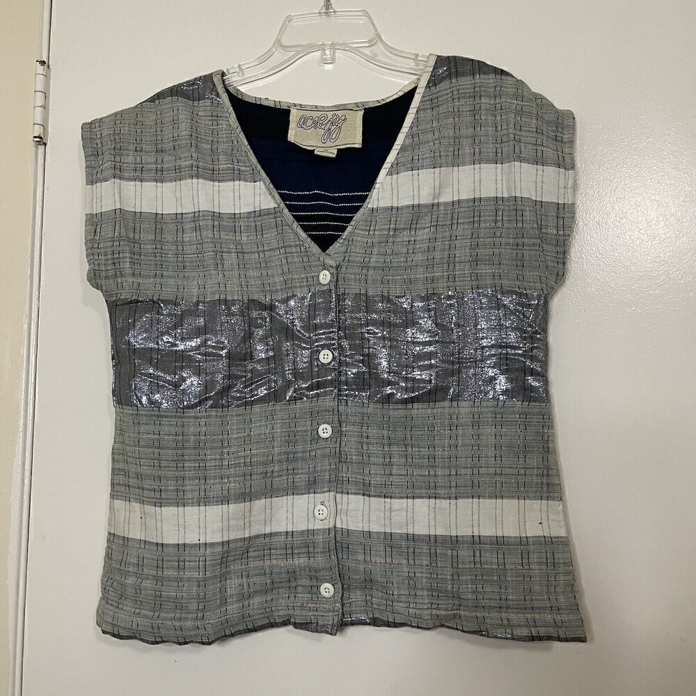 Ace & Jig gray striped shimmer sleeveless v neck button front top Medium
